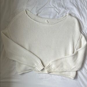 Aerie White Wide Neck Cropped Sweater